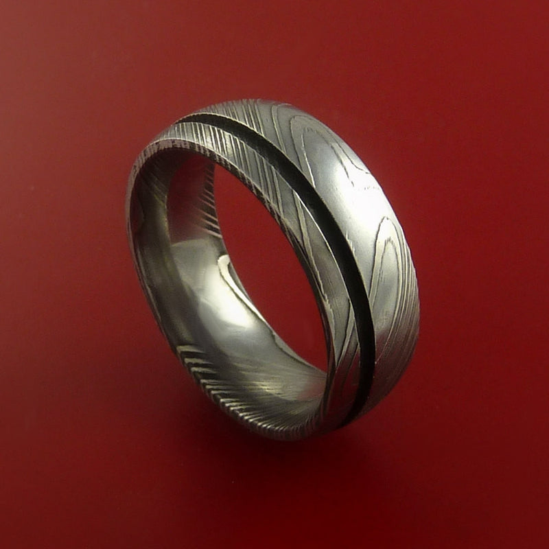 Damascus Steel Ring with Cerakote Inlay Custom Made Band