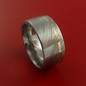 Damascus Steel 14K Yellow Gold Wide Ring Wedding Band Custom Made