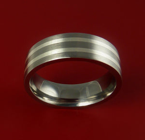 Titanium Ring with Two Silver Inlay Wedding Band Any Size and Finish 3-22
