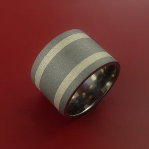 Titanium Wide Ring with 4mm Silver Inlay Wedding Band Made to Any Size 3-22