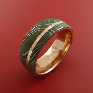 Damascus Steel Ring with 14k Rose Gold Inlay and Interior 14k Rose Gold Sleeve Custom Made Band