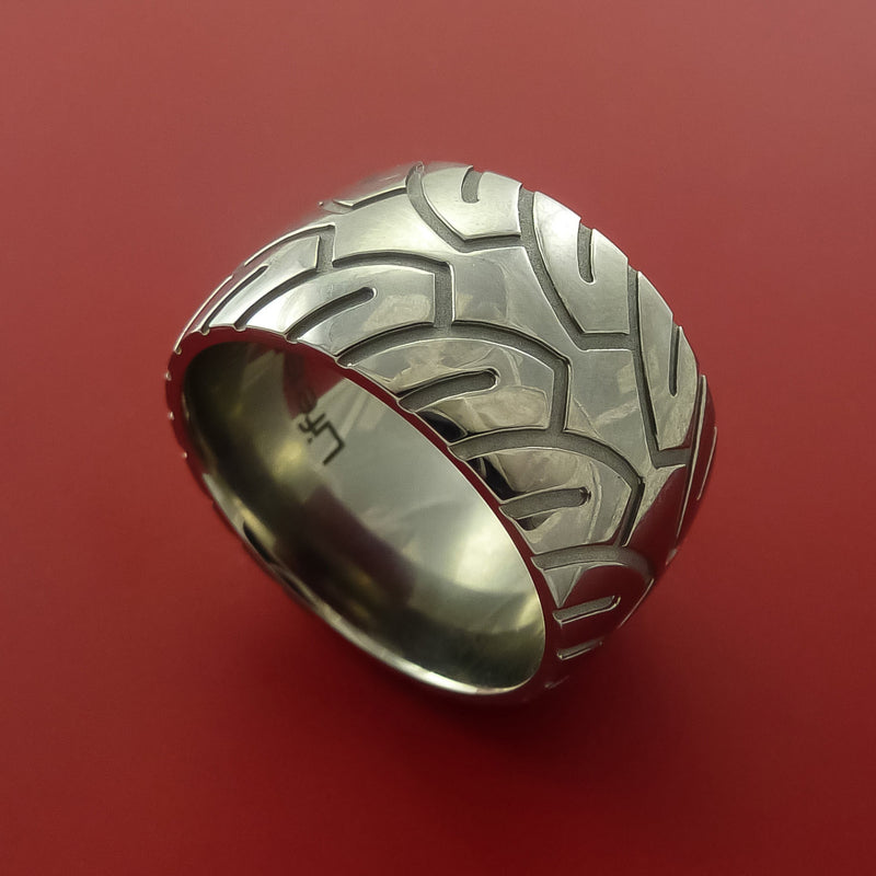 Wide Titanium Ring with Motorcycle Tire Tread Pattern Inlay Custom Made Band