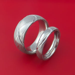 Matching Damascus Steel Heart Carved Ring Set Wedding Bands Genuine Craftsmanship